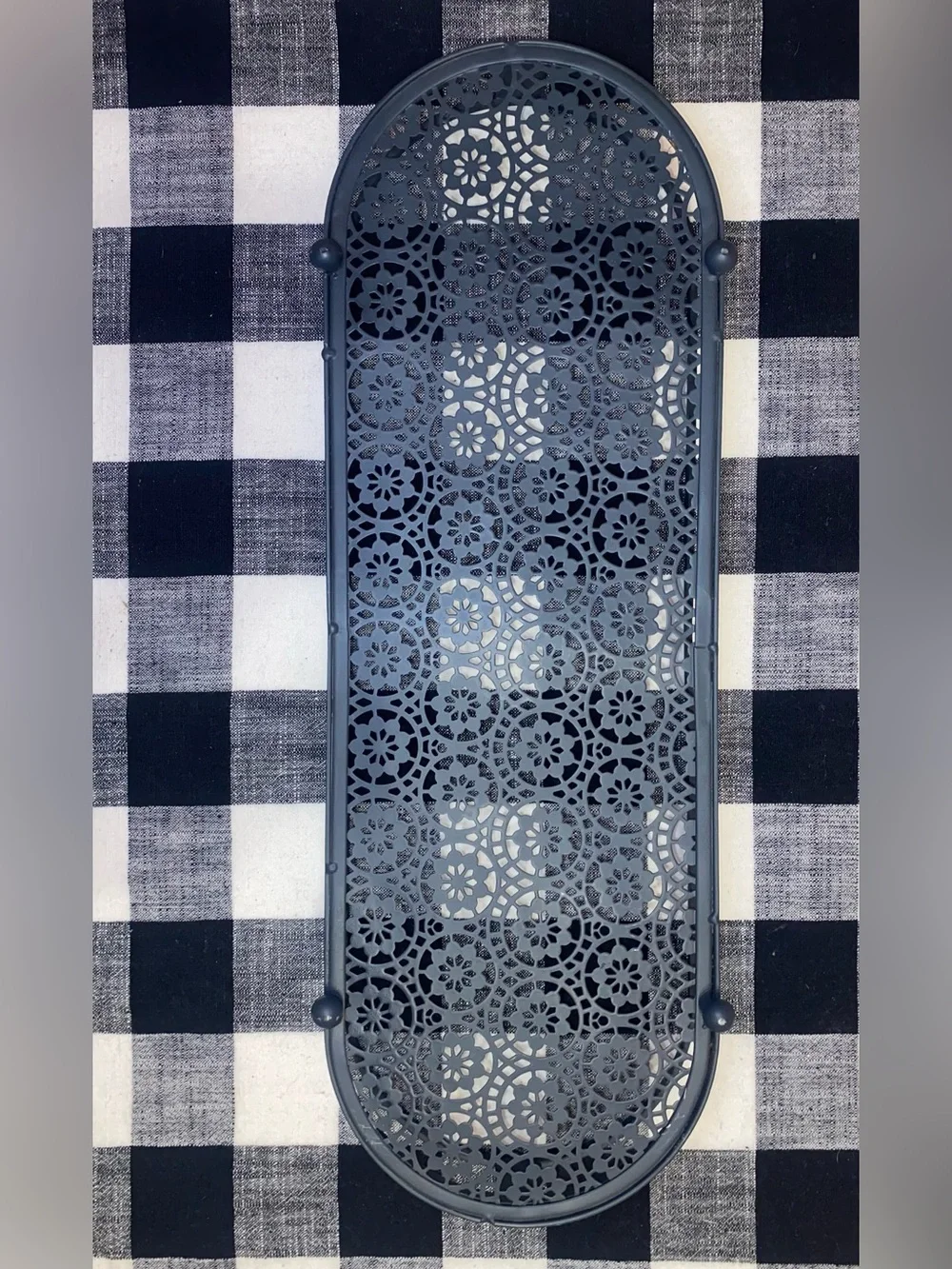 METAL OBLONG DECOR TRAY Floral Lace Design in Black 18”x 6”x 2-1/3”